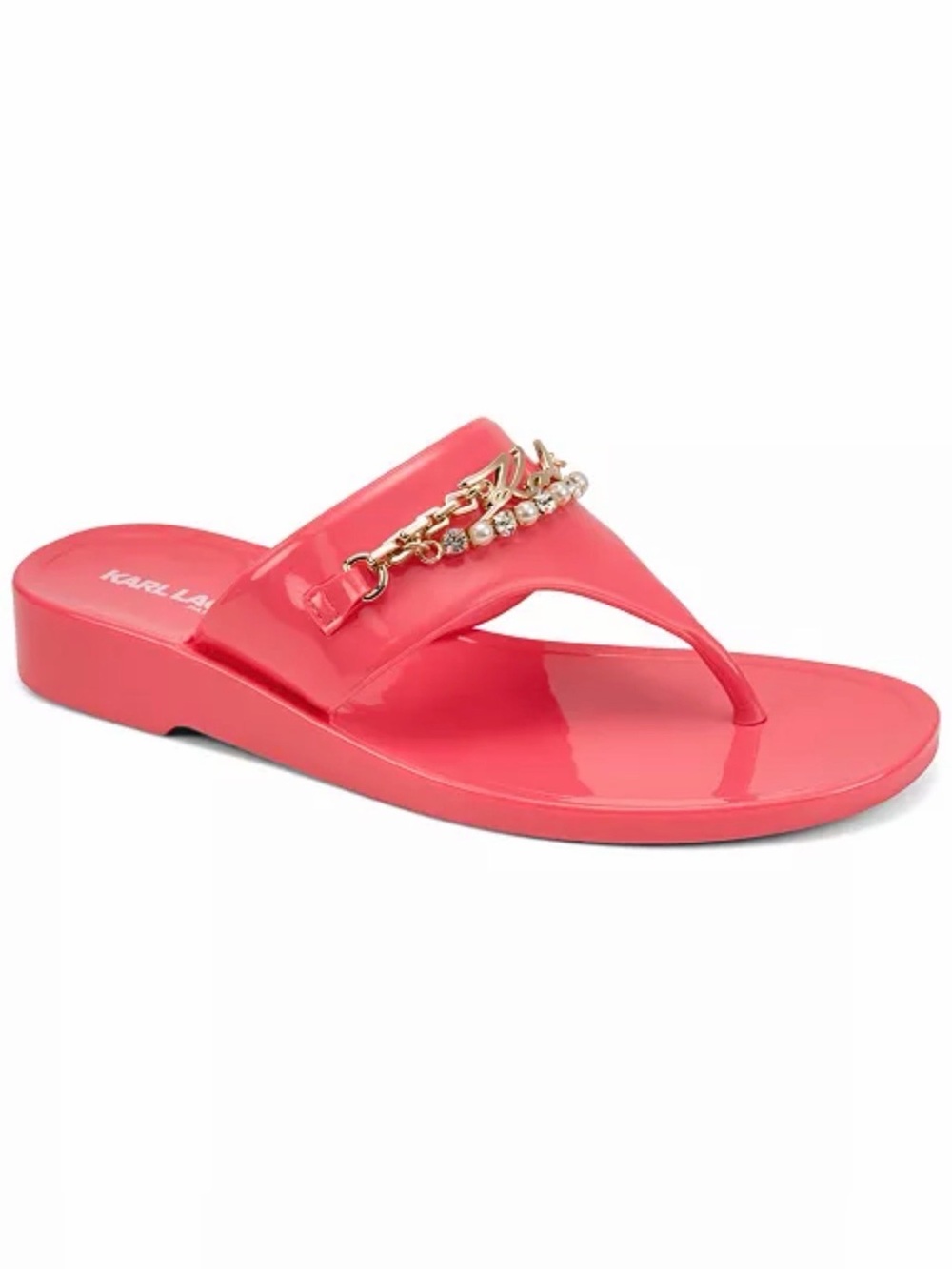 Karl Lagerfeld Pink Coral Jelly Flip Flops with Gold Chain